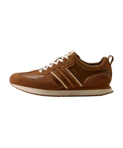 Left side view of the men's casual lace-up sneaker in dark brown suede with white laces, a brown heel tab, and a thick white sole