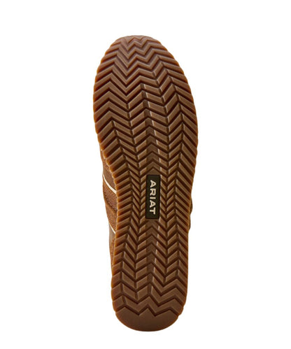 Sole view of a brown shoe sole with a herringbone tread pattern and ARIAT brand label in the center
