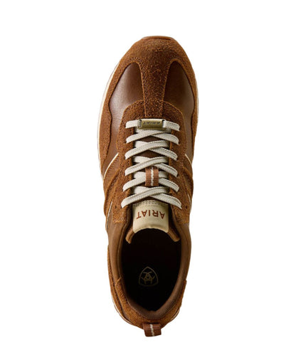 Aerial view of the men's Ariat brown suede and leather sneaker featuring the round toe