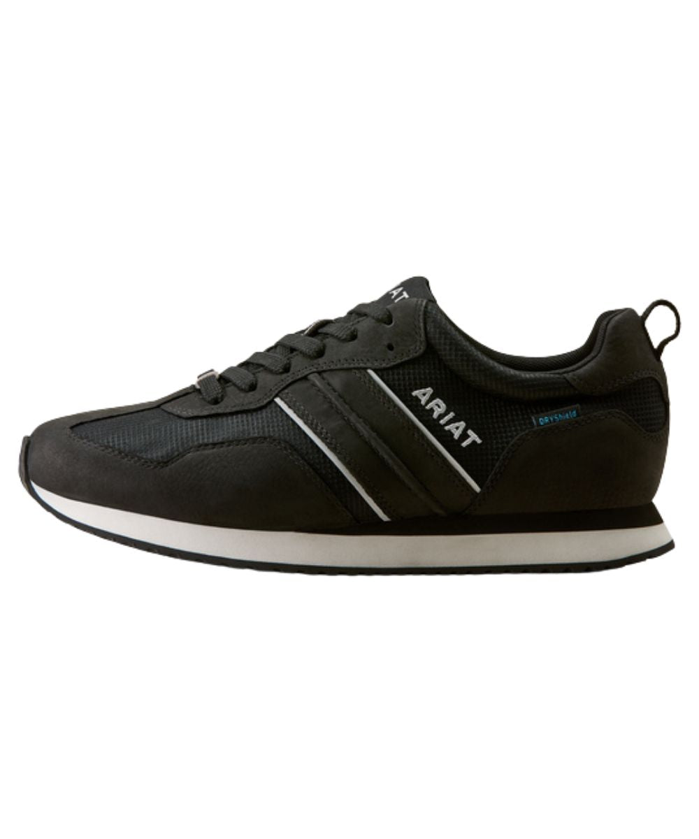 Left side view of the men's ranch runner shoe featuring the heel pull tab for an easy on