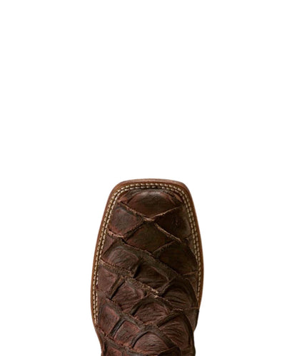 Close-up of the toe area of a brown crocodile-embossed leather western boot on a solid white background.