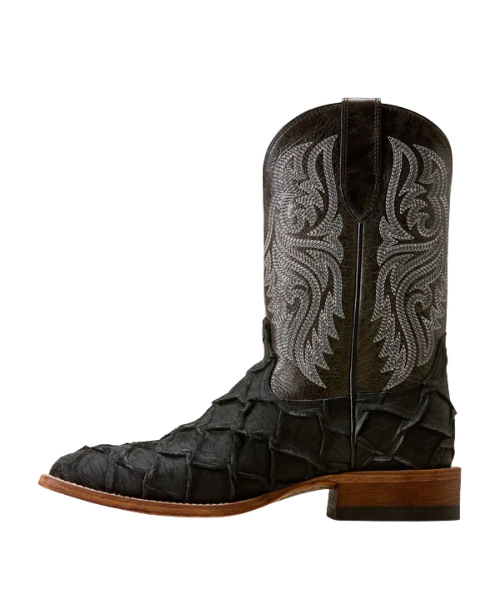 Left side view of the men's black exotic cowboy boot featuring the 11" shaft, leather pull tabs, full-grain leather construction, black piping, and the contrast stitch pattern on the shaft
