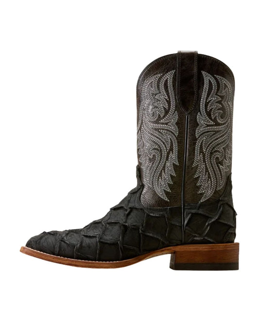 Left side view of the men's black exotic cowboy boot featuring the 11" shaft, leather pull tabs, full-grain leather construction, black piping, and the contrast stitch pattern on the shaft