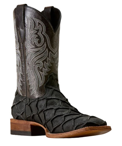 Right angled view of the men's black Ariat Riverside Cowboy Boot featuring the 11" shaft height, black bass printed vamp, bayou black shaft with six-row stitch pattern, and the wide square toe