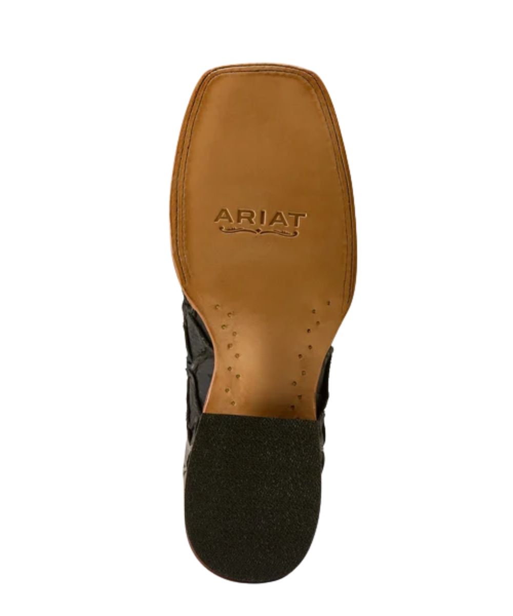 Sole view of the leather outsole featuring the rubber heel cap and resoleable goodyear welt construction