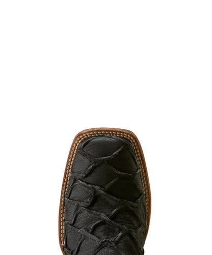 Close-up view of the wide square toe featuring the exotic bass leather vamp