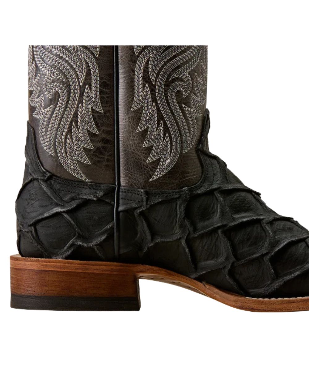 Side quarter view of the men's black cowboy boot featuring the resoleable goodyear welt construction that joins the sole to the upper