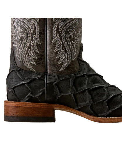 Side quarter view of the men's black cowboy boot featuring the resoleable goodyear welt construction that joins the sole to the upper