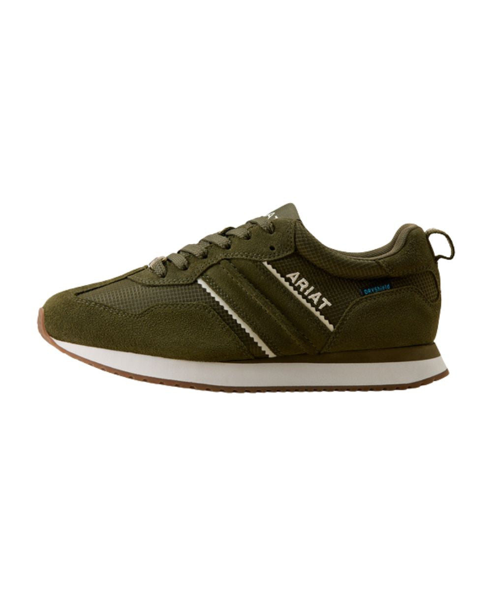 Left side view of the women's ranch runner waterproof shoe featuring the heel pull tab for an easy on