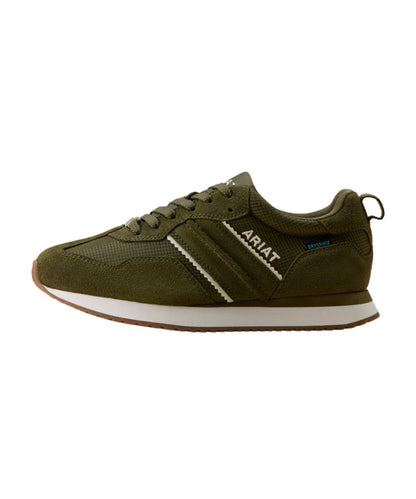 Left side view of the women's ranch runner waterproof shoe featuring the heel pull tab for an easy on