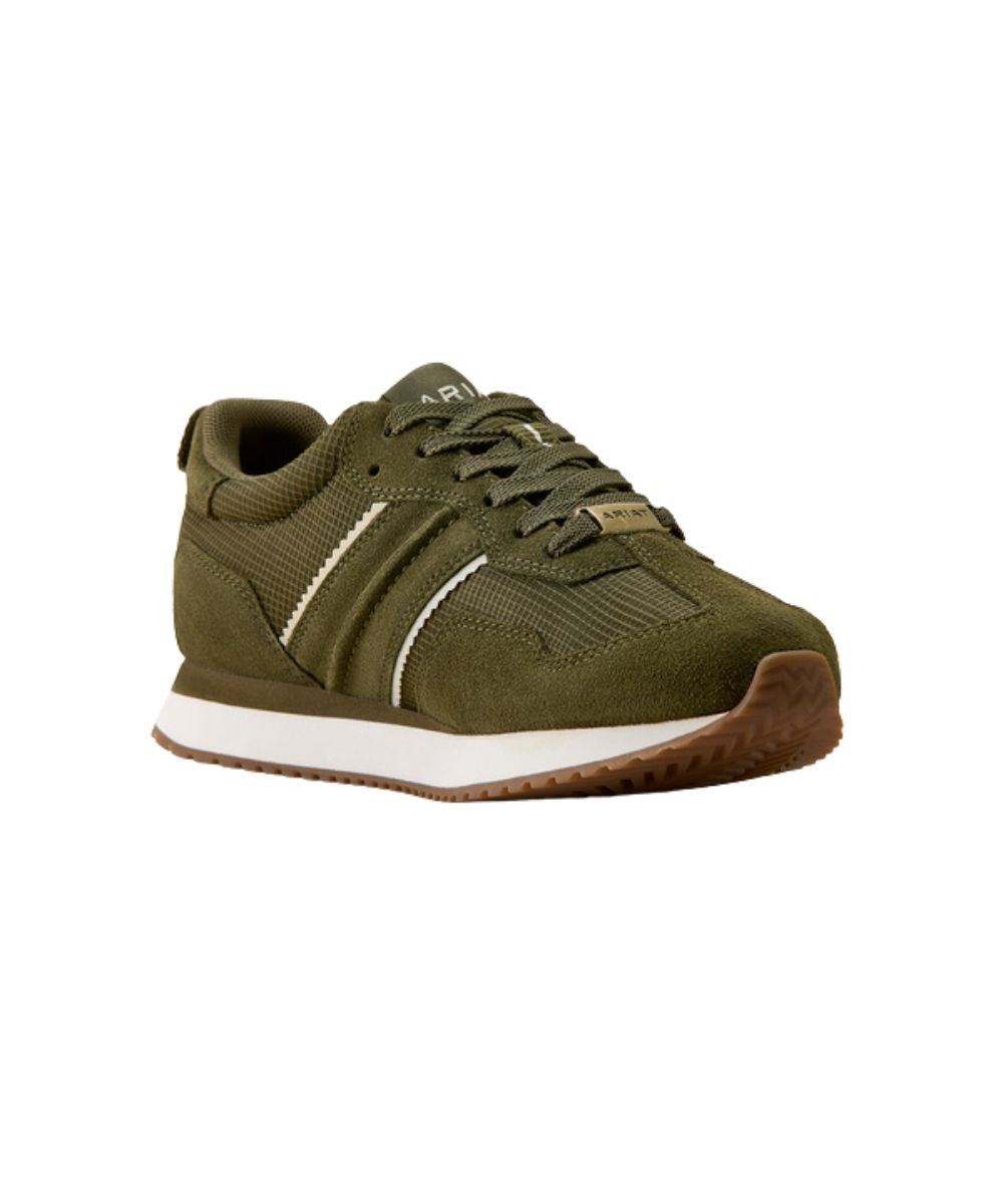 Right angled view of the women's olive night ranch runner waterproof suede shoe