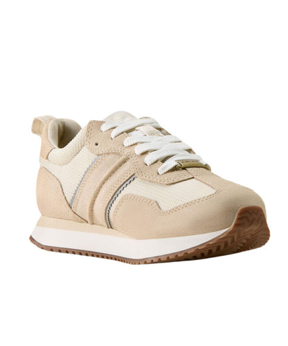 A low-top sneaker in beige and off-white with white laces, a thick white midsole, and a brown outsole, shown against a plain white background.