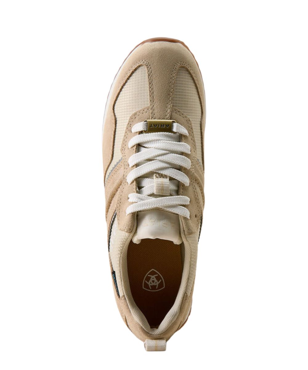 A top-down view of a beige and cream sneaker with white laces and a gold brand plate, shown on a solid white background.