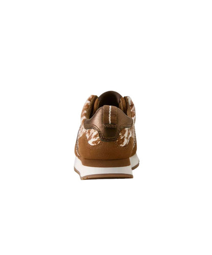 A single brown leather sneaker shown from the back, featuring a brown and white cow print pattern on the sides, a dark brown heel tab, and a white midsole.