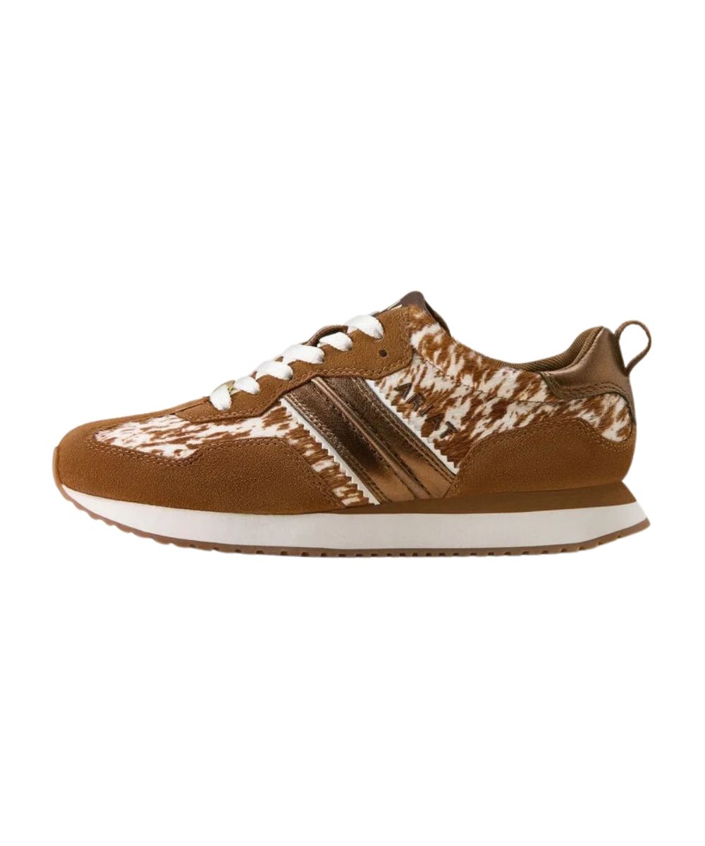 A brown sneaker with a white sole and a brown stripe along the midsole shown from a side profile on a white background.