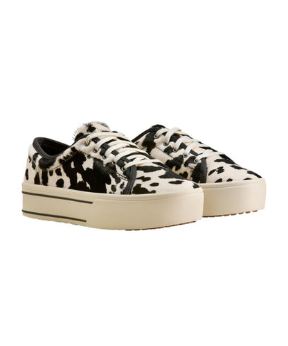 Right angled view of the women's Ariat Black & White Hair-On Skylar Shoe featuring the leather cowhide upper and lace-up entry