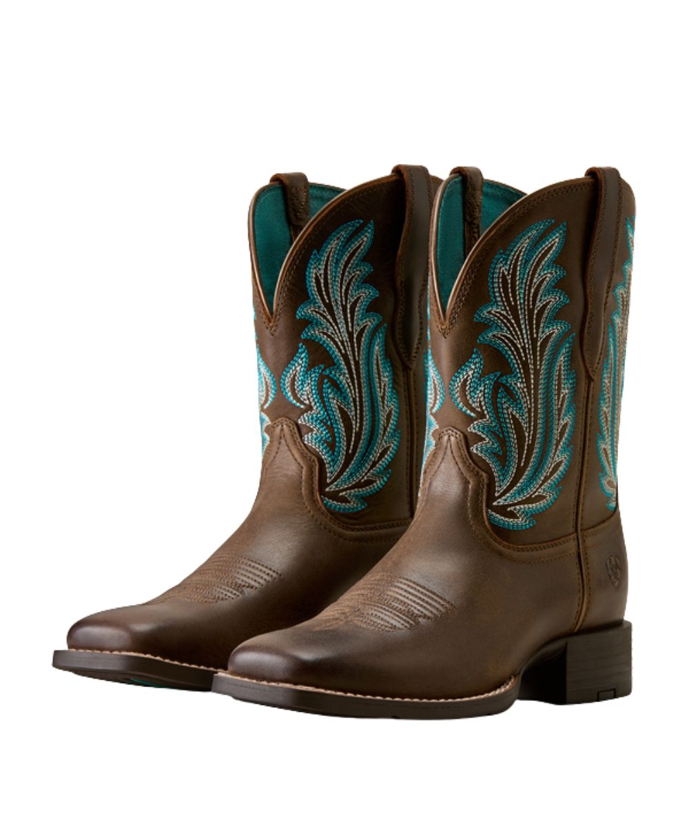 Left angled pair view of the women's wide square toe leather western boot
