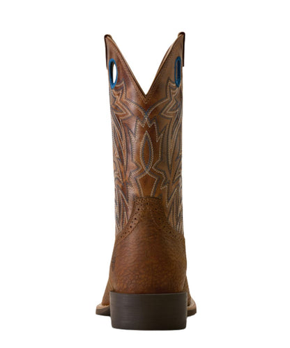 Heel view of the 1.375" horsman heel on the men's toasted grain leather cowboy boot