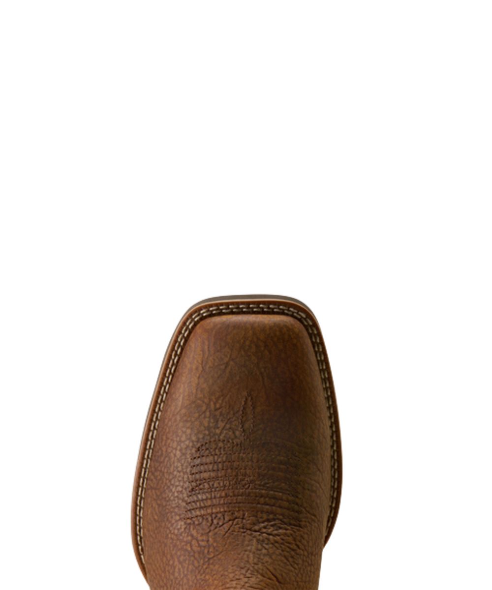 Birdseye view of the toasted grain wide square toe on the men's ariat cowboy boot