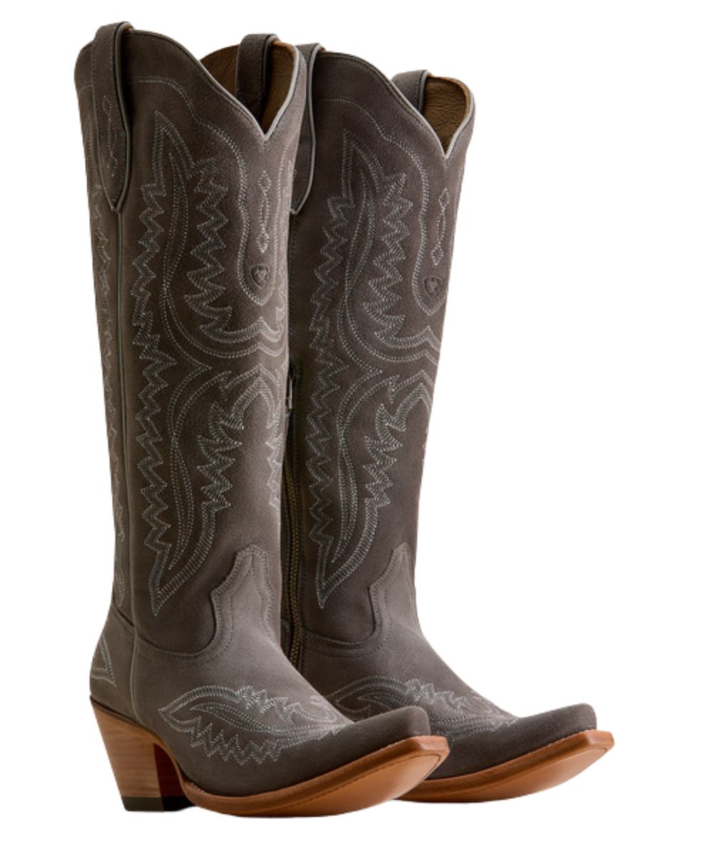 Right angled pair view of the women's ash suede leather western fashion boot
