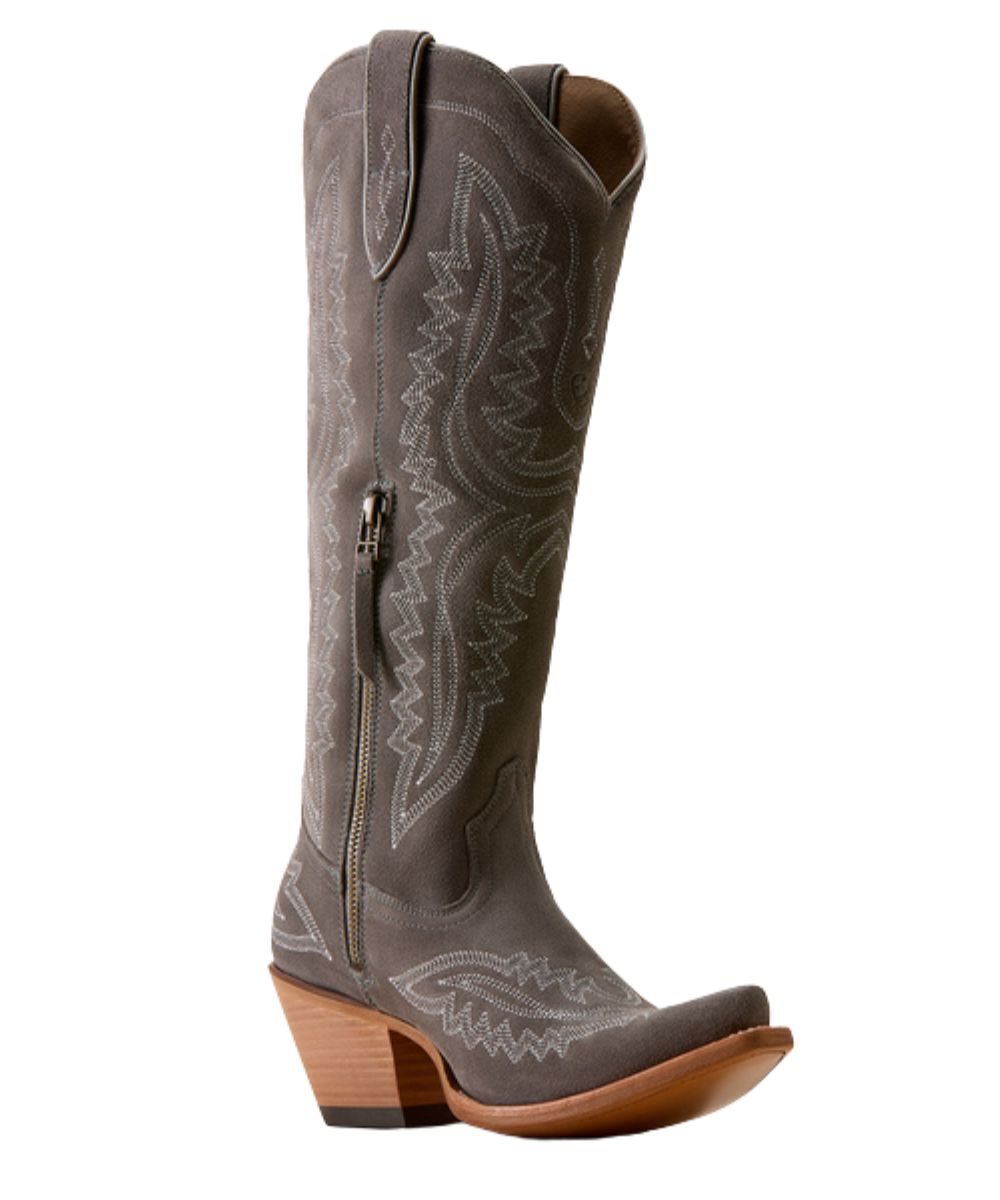 Right angled view of the women's 16" ash suede western boot featuring an inside zipper for easy entry