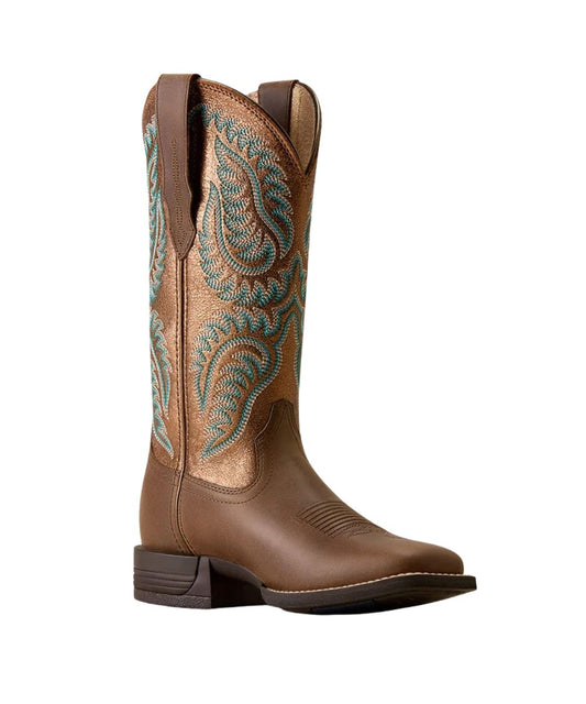 A single brown leather cowboy boot with turquoise and metallic gold embroidered detailing on the shaft, shown against a plain white background.