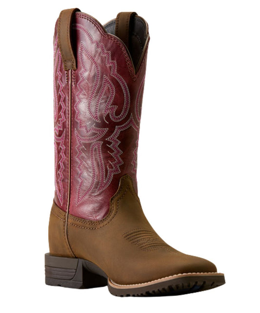 Right angled view of the women's Ariat Hybrid Ranchwork Wide Square Toe Western Boot featuring the backwoods brown leather vamp and berry spice 11" leather shaft