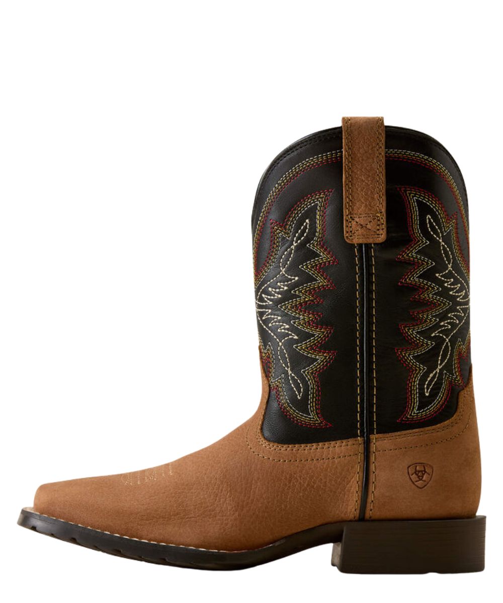 A single Ariat western boot in brown and black leather with embroidered western patterns on the shaft, shown from a side profile on a white background.