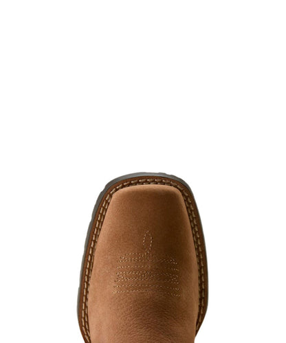 Close-up top view of a brown leather boot toe with decorative stitching and a dark outsole edge, isolated on a white background.