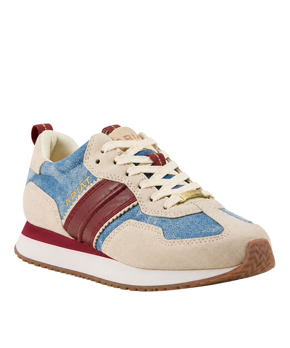 Women's Tan Suede Leather Sneaker With Red, White, And Blue Accents