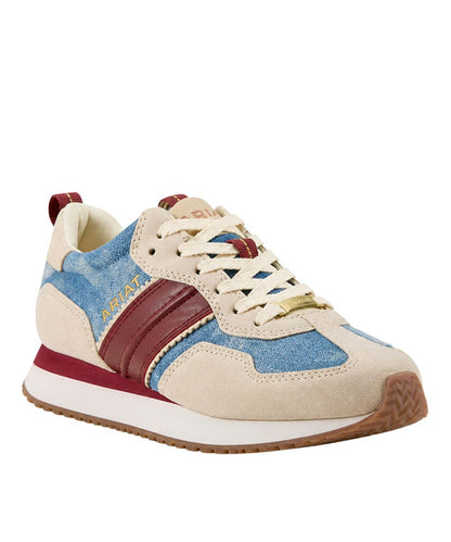 Women's Tan Suede Leather Sneaker With Red, White, And Blue Accents