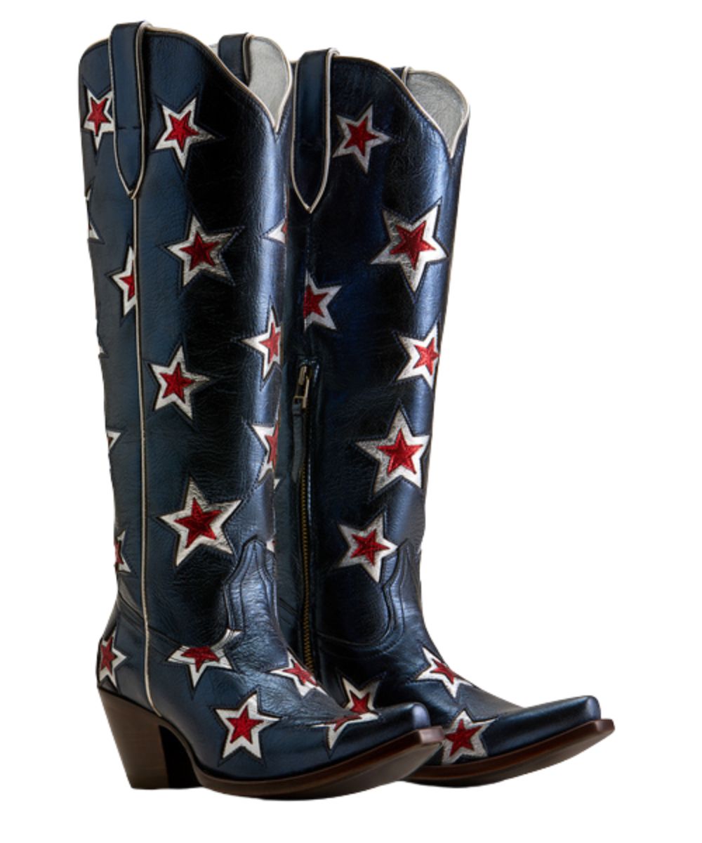 Women's 16.5" Starlight Blue Western Fashion Boot With Red And Silver Star Overlays