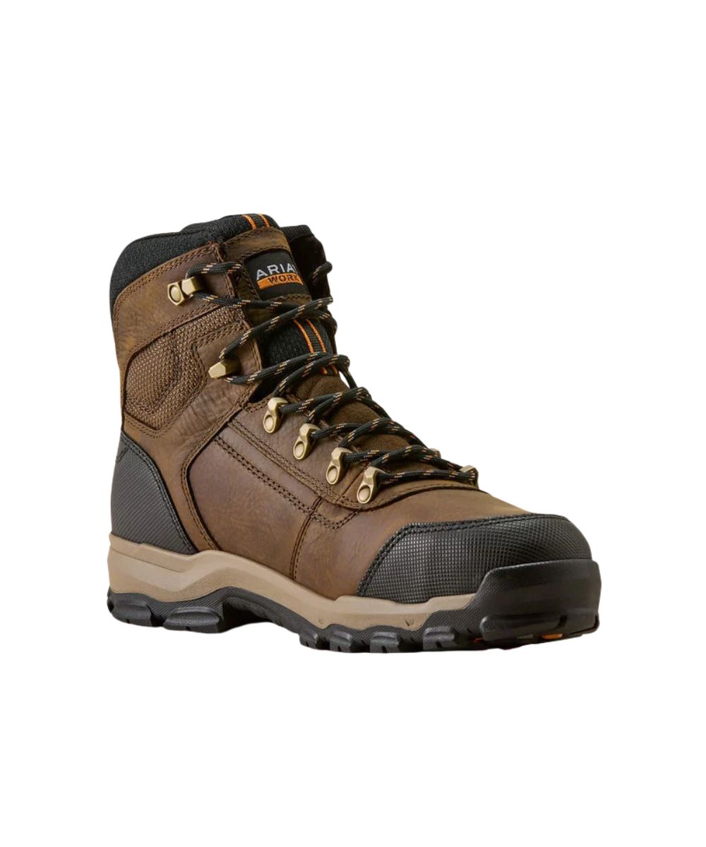 A brown and black mid-cut work boot with tan laces and a beige midsole, shown from a three-quarters angle on a white background.