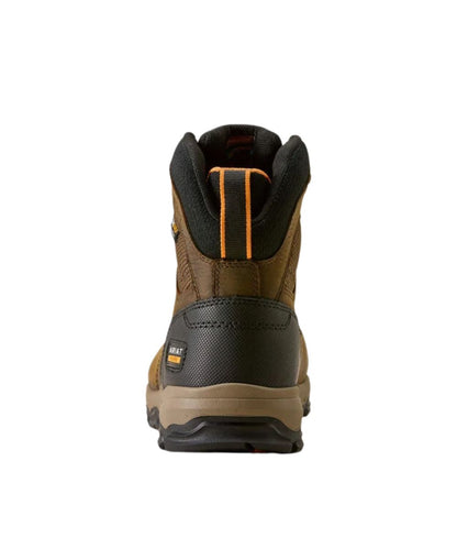 A single mid-height work boot shown from the back, featuring a brown and black leather and mesh upper with orange accent stitching and a tan midsole.