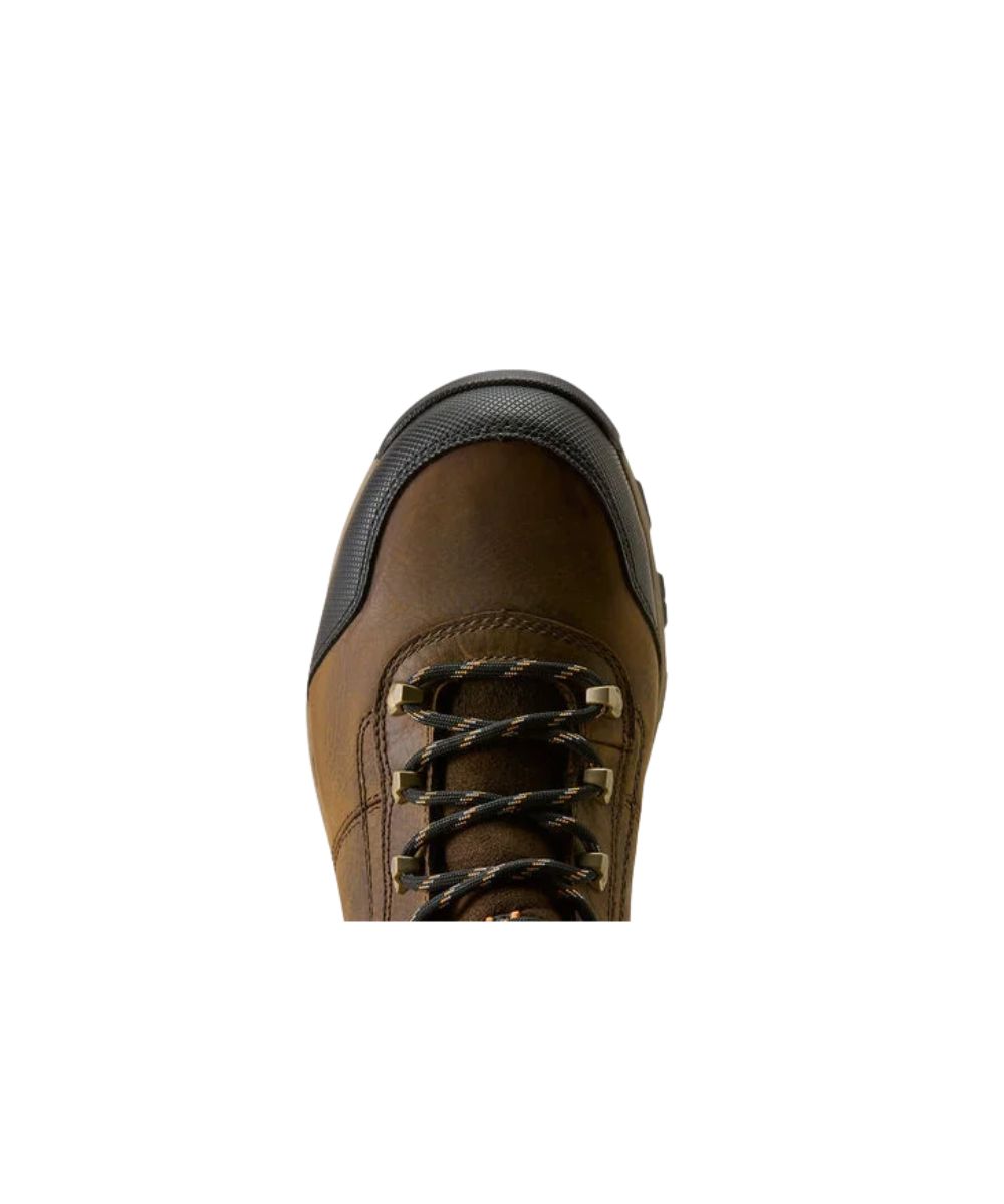 A close-up top-down view of a brown leather lace-up boot with black toe and heel protection, set against a plain white background.
