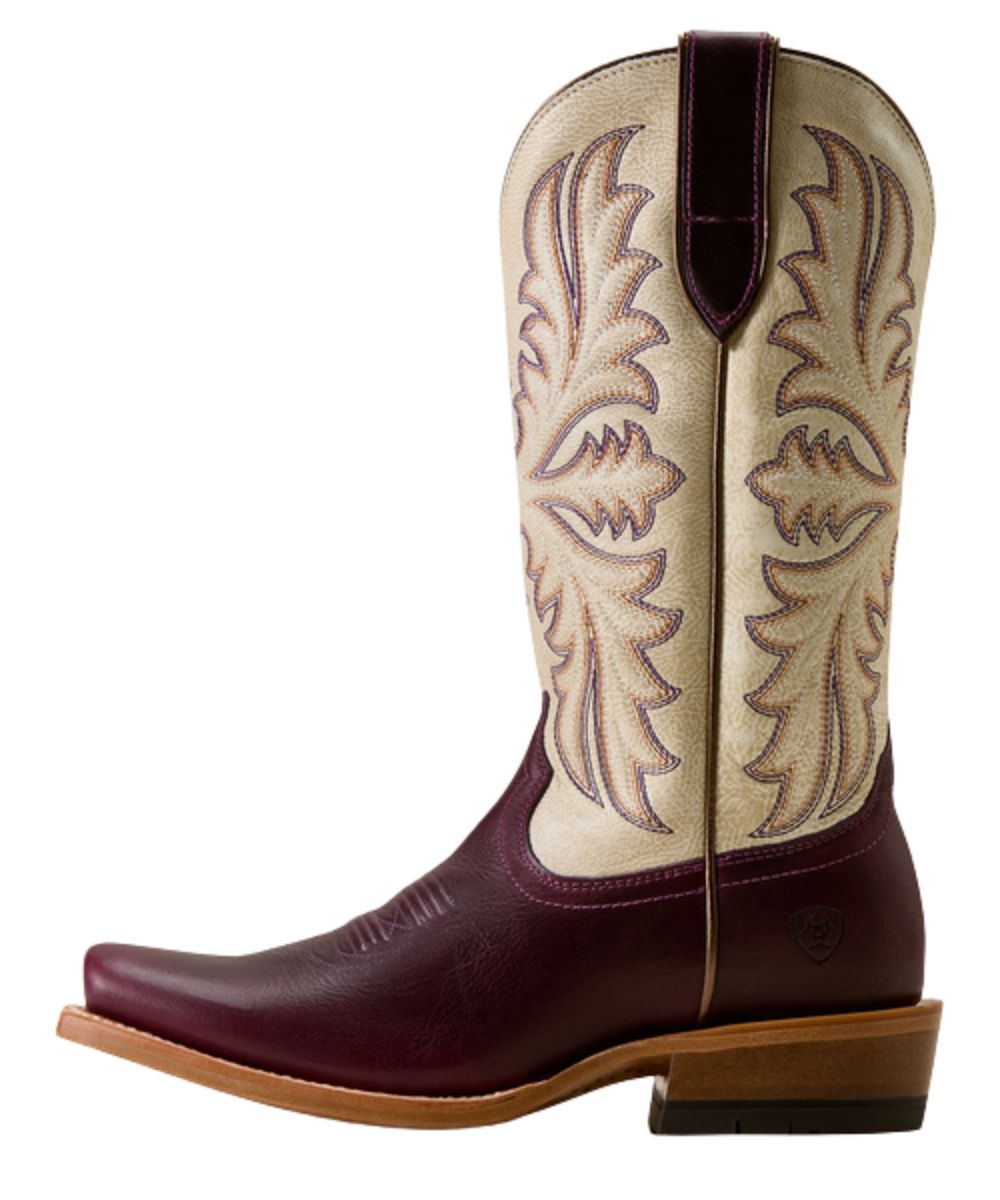 Left side view of the women's futurity boot featuring the 12" leather shaft in purple and cream, leather pull tabs for an easy on, and suede leather accents on the shaft