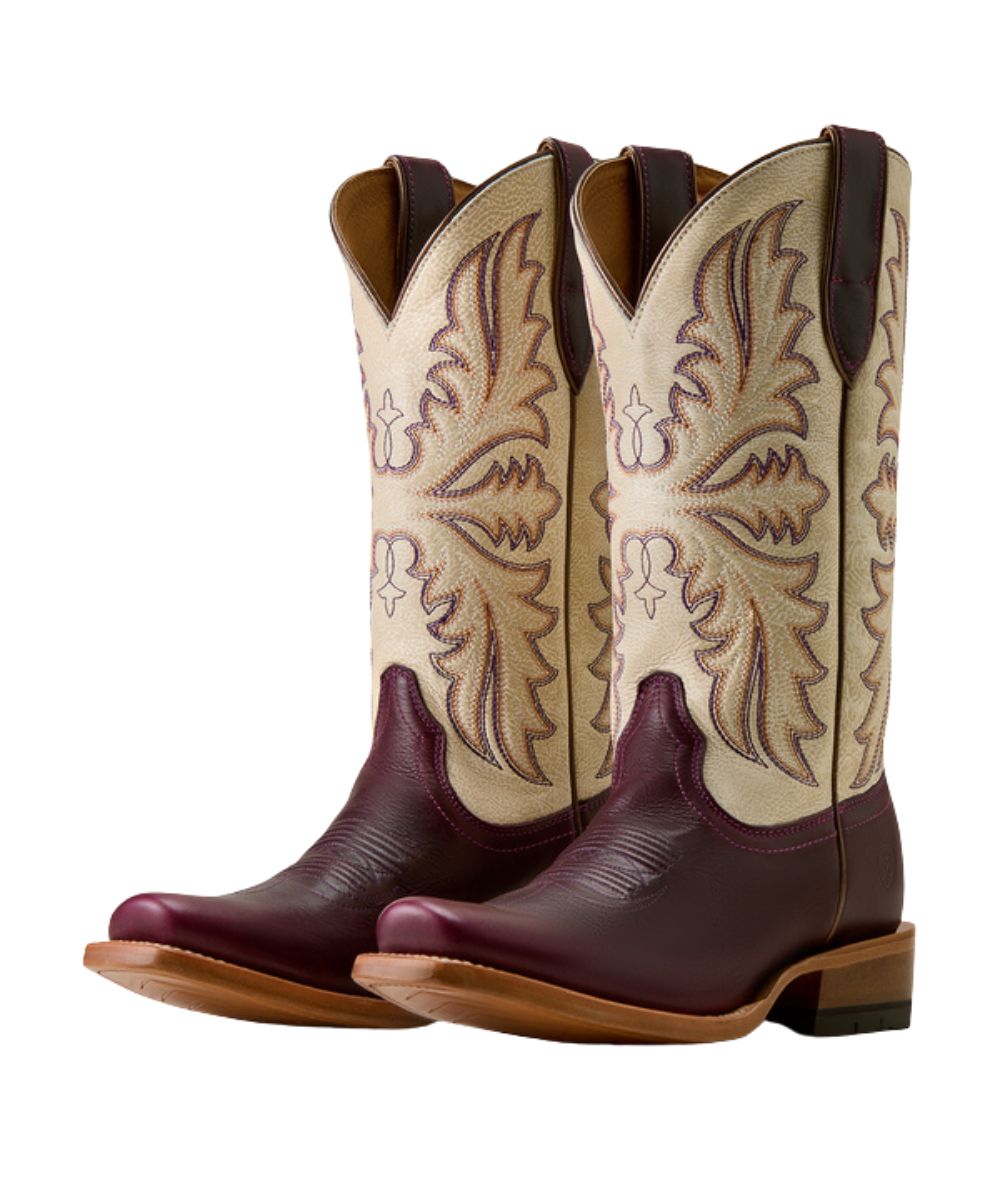 Pair view of the women's Ariat Futurity Oak Narrow Cutter Toe Western Boot in port wine and cream candle