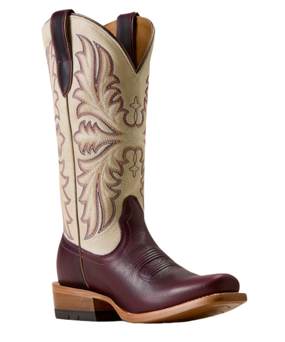Right angled view of the women's Ariat Futurity Oak Narrow Cutter Toe Western Boot featuring the port wine leather vamp and the cream candle leather shaft with a traditional six-row stitch pattern, muted hues, and distressed leather