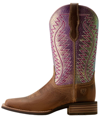 Left side view of the women's western boot featuring the 11" shaft height, leather pull tabs, and snake printed shaft