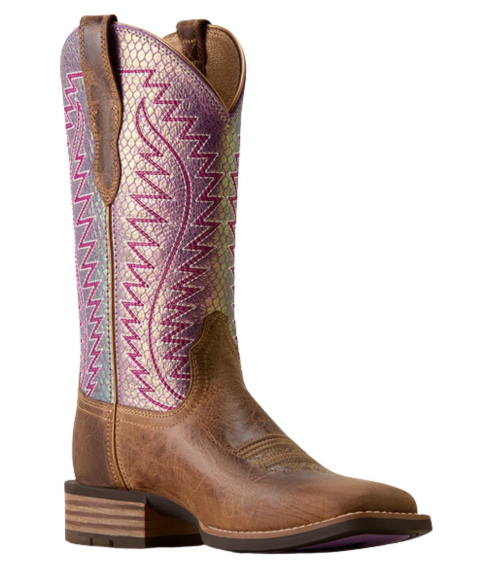 Right angled view of the women's Ariat Monte Vista Wide Square Toe Western Boot featuring the autumn tan leather vamp and lavender glow snake print leather shaft