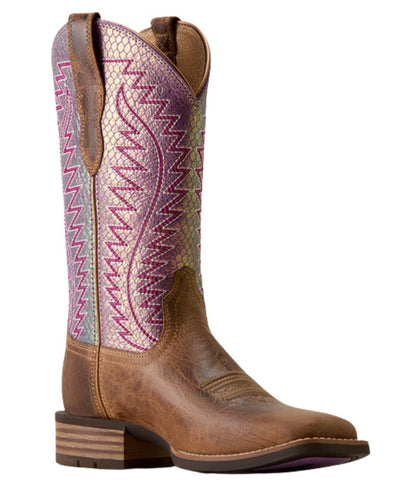 Right angled view of the women's Ariat Monte Vista Wide Square Toe Western Boot featuring the autumn tan leather vamp and lavender glow snake print leather shaft