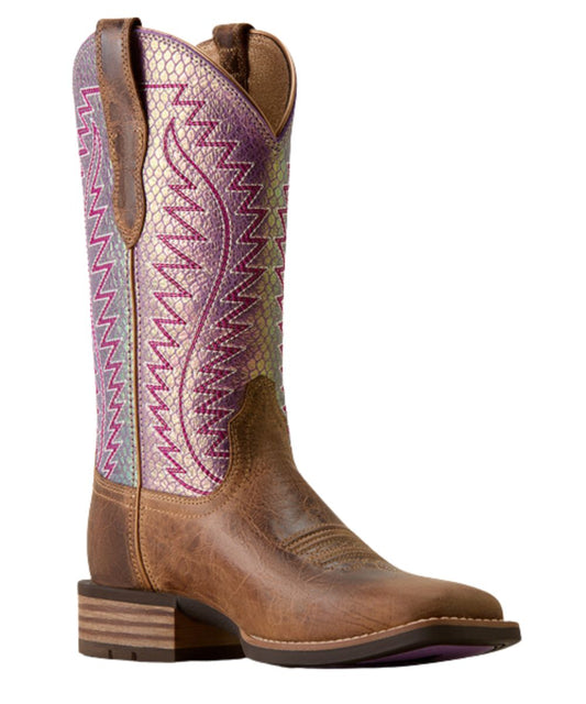 Right angled view of the women's Ariat Monte Vista Wide Square Toe Western Boot featuring the autumn tan leather vamp and lavender glow snake print leather shaft