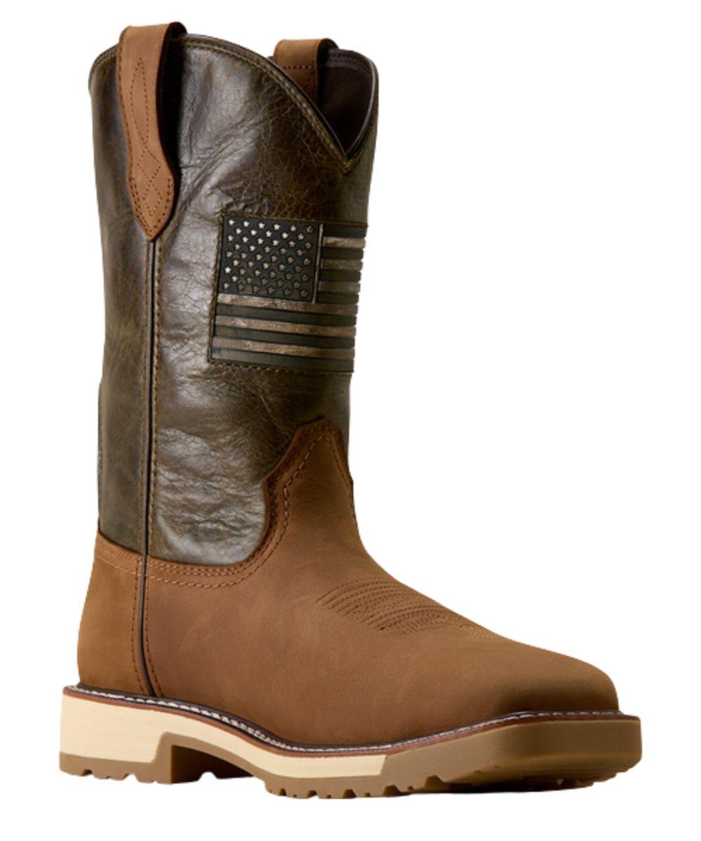 Right angled view of the men's 11" activator work boot featuring an alamo brown vamp and earthy olive shaft