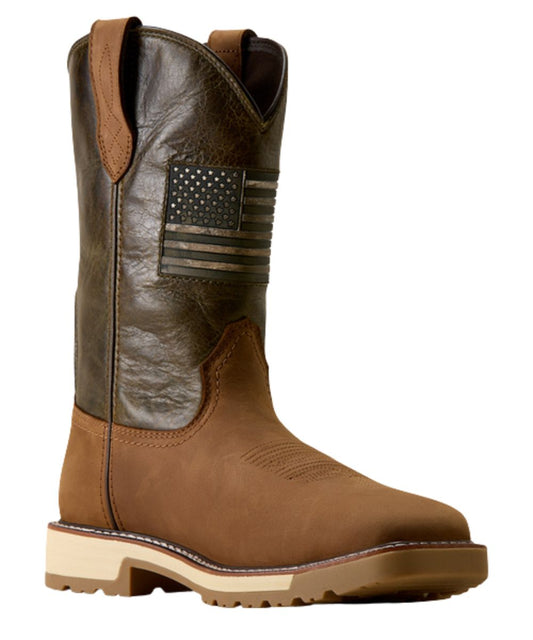 Right angled view of the men's 11" activator work boot featuring an alamo brown vamp and earthy olive shaft