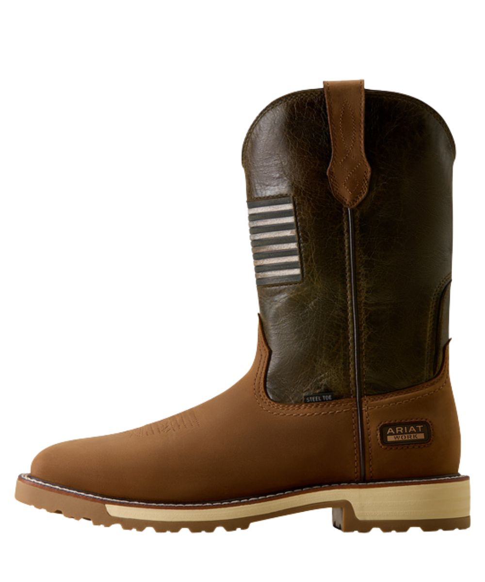 Left side view of the men's work boot featuring leather pull tabs, u-turn entry system, and steel safety toe