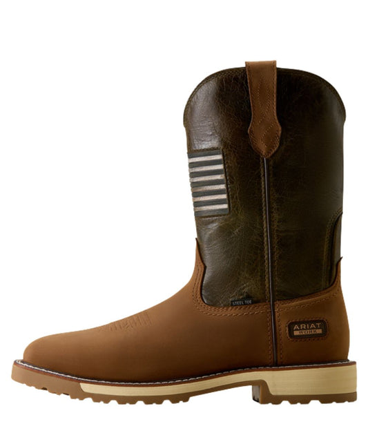 Left side view of the men's work boot featuring leather pull tabs, u-turn entry system, and steel safety toe