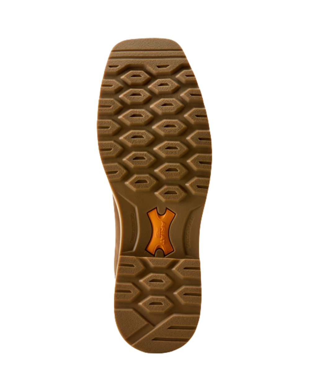 Sole view of the men's work boot featuring oil and slip resistance, and electrical hazard protection