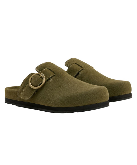 Right angled view of the women's olive suede country mule shoe featuring an equestrian-inspired buckle
