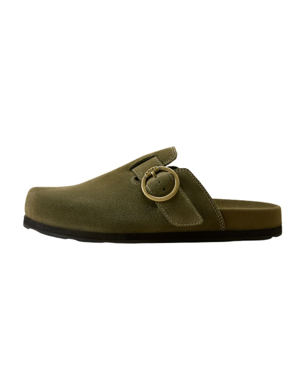 Left side view of the women's olive suede leather country mule slip on casual shoe