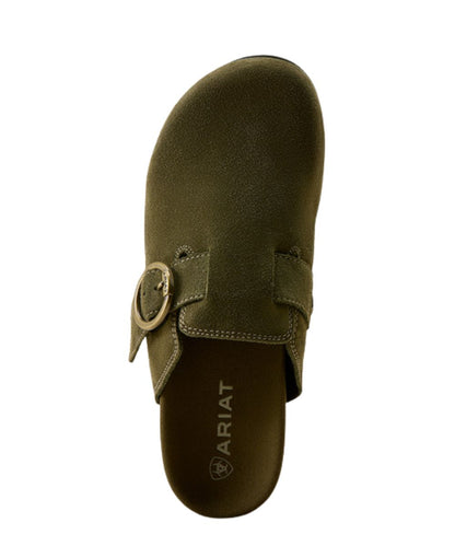 Birdseye view of the women's olive suede shoe featuring a round toe